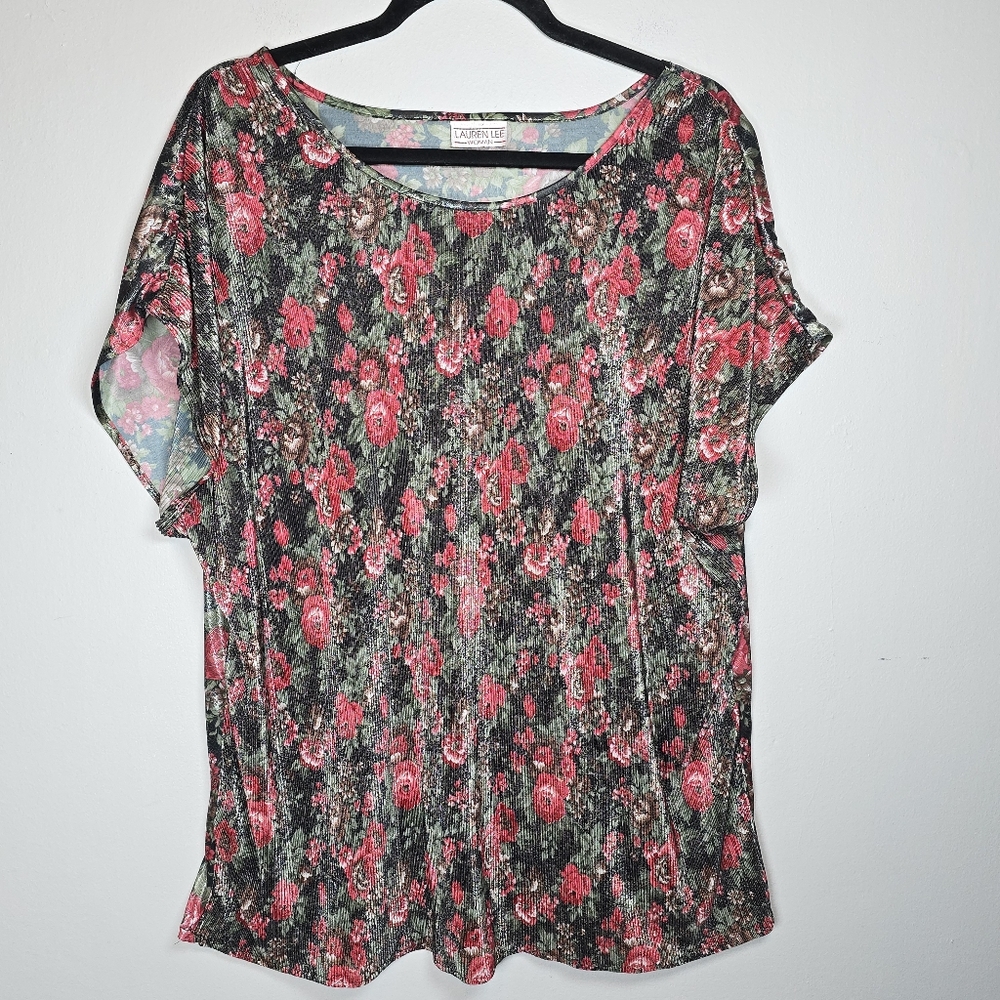 VTG Lauren Lee Women's Floral Print Top Textured 2X Short Sleeve Stretch Classy